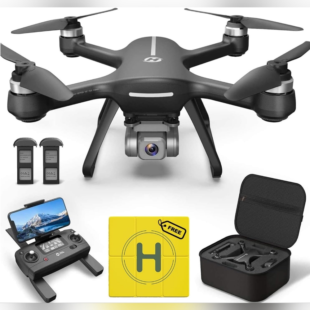 New Holy Stone HS700E GPS Drone, 4K Camera, Bundle: 2 Batts, Case, & Landing Pad